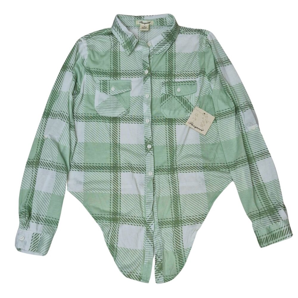 NWT Passport Womens Green Plaid Button Up Shirt Size M Front Tie Roll Tab Sleeve